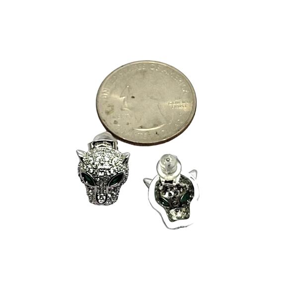 Silvertone Round Pave` Crystal Green Marquise Eyes Panther Cat Stud Earrings - Picture 5 of 9